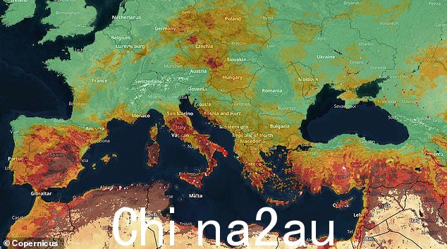 MailOnline 在欧洲“地球之眼”卫星计划“哥白尼”的帮助下,了解哪里可能会发生更多野火。在上面的地图上,绿色为极低风险,黄绿色为中等风险,黄色为中等风险,橙色为高风险,橙色为极高风险,红色为极高风险,极端风险为深棕色