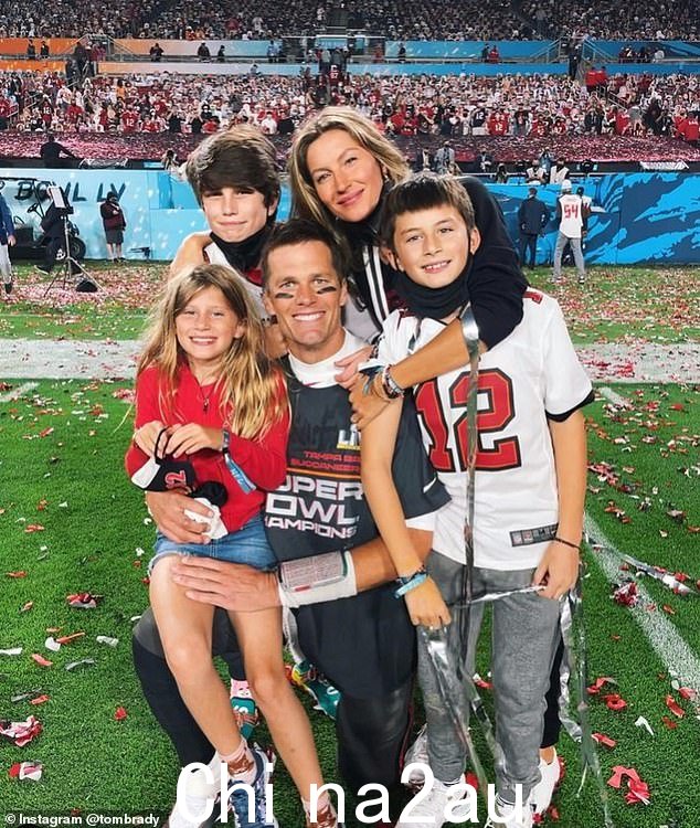 Family: Tom shares two children with Gisele from their marriage: Vivian (L), 10, and Benjamin (R), 13. He also has a 15-year-old son named Jack (back right) from his previous relationship with the actress and model Bridget Moynahan