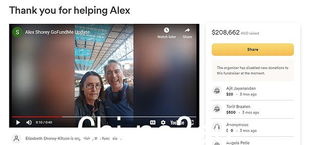 GoFundMe 页面,代表 Shorey 先生的父母 Stephen 和 Julie(如图)设立,几天之内筹集了近 210,000 美元