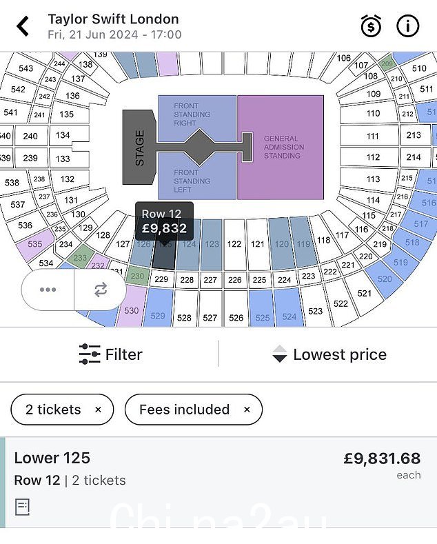 泰勒英国演出的门票在全面发售后几分钟内就出现在 Stubhub 和 Viagogo 等平台上,明年在伦敦温布利体育场举行的 Blank Space 歌手演唱会的一个较低碗座位的售价超过 9,800 英镑
