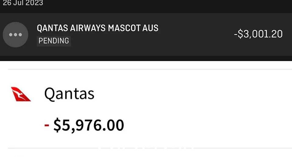两笔银行交易，一笔金额为 3,001.20 美元，另一笔金额为 5,976.00 美元，均以澳洲航空为付款人。