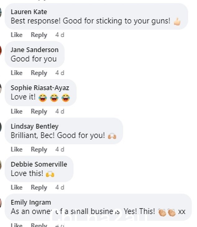 许多 Facebook 用户对 Rebecca 的评论大加赞赏,称这对面包师来说是‘好’” class=