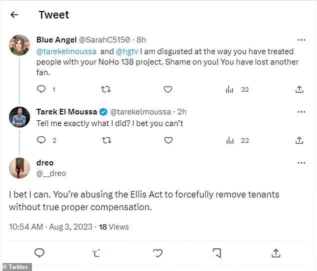 有些人在 Twitter 上猛烈抨击 El Moussa,一位女士说她曾经看过他的节目,但对他的收购感到“厌恶”