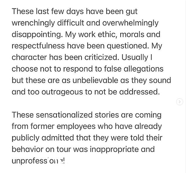 Her side:这位明星坚称这些说法不真实,并声称她的指控者此前曾被警告过他们自己的“不当行为”不专业的行为