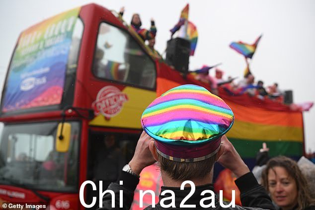 一名与会者 - 戴着金属彩虹帽 - 观看一辆敞篷巴士经过聚集的人群
