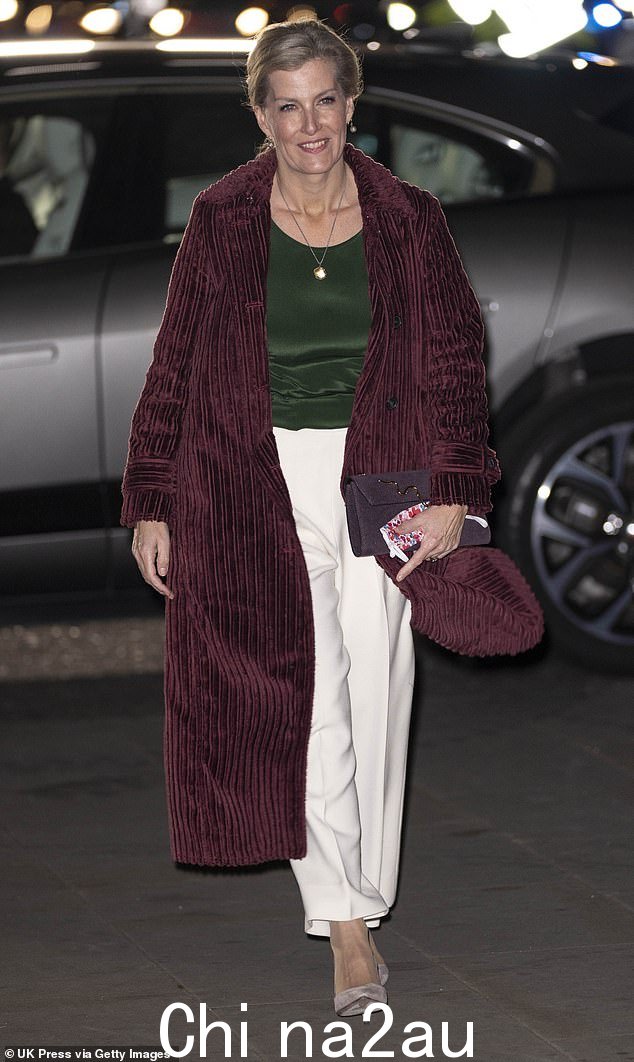 索菲选择了一件价值 561 英镑的维多利亚·贝克汉姆 (Victoria Beckham) 外套,今天下午她抵达活动现场时,可以看到她笑容满面,手里拿着一个漂亮的紫色包,大步走进 2021 年威斯敏斯特教堂