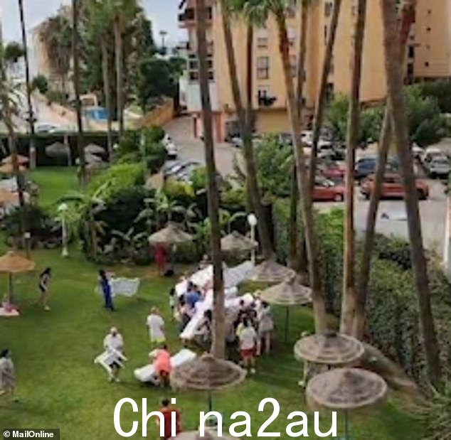 热闹的镜头捕捉到了度假者在争先恐后地收集当天日光浴浴床时听到口哨的那一刻