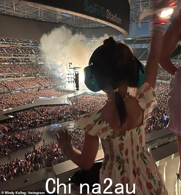 特别的夜晚:在最新的快照和剪辑轮播的标题中,这位女演员写道:“非常感谢 @sofi 和 @taylorswift 为我的女儿 Kit 举办了有史以来最好的第一场音乐会!'