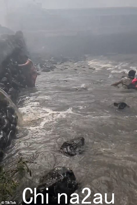 一名妇女拼命地抓住海堤,而其他人则在与水流搏斗