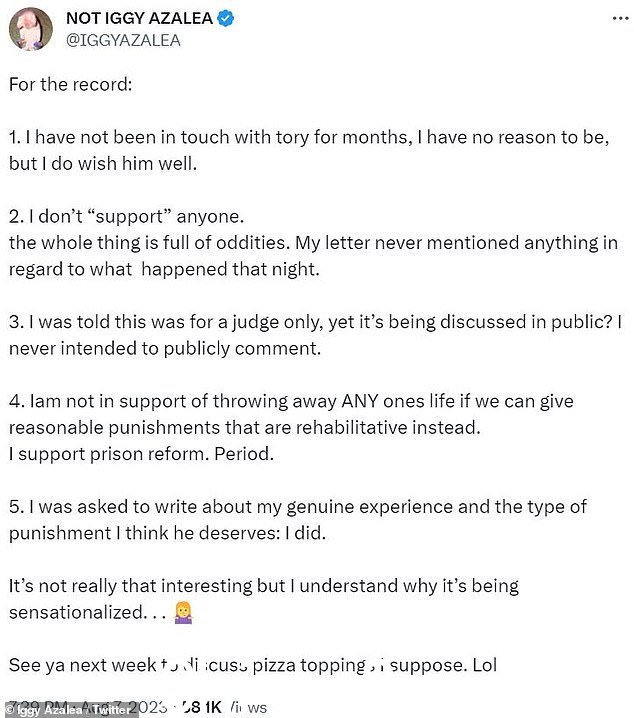 现已删除:周二下午,31 岁的 Chauffeur 说唱歌手在洛杉矶被判处 10 年监禁 - 阿塞莉娅在她的信公开后发表了热情洋溢的推文回应 - 声称这张纸条“没那么有趣”” class=