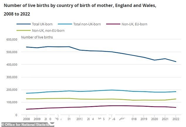非英国出生女性的活产数量从 2021 年的 179,726 增加到 2022 年的 183,309