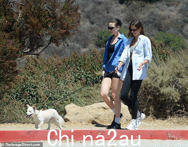 一起徒步旅行:模特辛迪·克劳馥 (Cindy Crawford) 和企业家兰德·格伯 (Rande Gerber) 的女儿与模特阿莱·鲍克 (Alay Bowker) 一起遛狗
