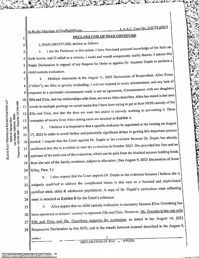 法官做出裁决之前,格拉法德提交了一份新的 34 页书面文件(《每日邮报》发现),其中猛烈抨击埃文斯,指责她称女儿艾拉为“该死的婊子”,告诉青少年她“很快就会有一个新父亲”