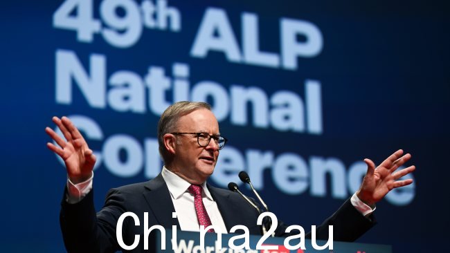 安东尼·艾博尼斯 (Anthony Albanese) 在工党会议上取得胜利，工党将 AUKUS 核潜艇协议纳入其党纲。图片：Dan Peled / NCA NewsWire