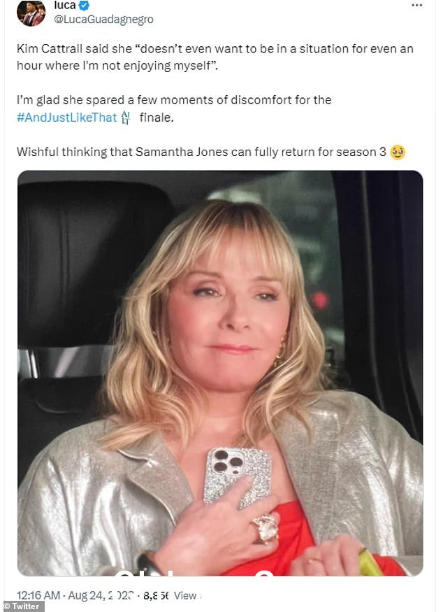 值得:另一位粉丝引用了 Cattrall 广为流传的言论,她“甚至不想处于一个我不开心的状态”