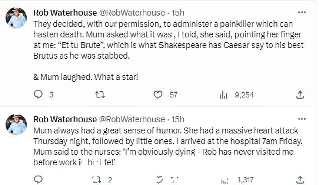 苏珊·沃特豪斯 (Suzanne Waterhouse) 的博彩公司儿子罗比 (Robbie) 在社交媒体上发布了母亲去世消息后的幽默感示例