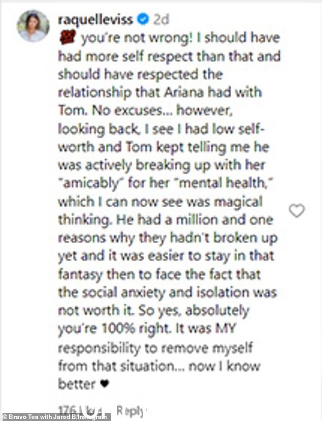 Rachel(原名Raquel)在 Jared B 8 月 18 日的 Instagram 帖子中回复了 Bravo Tea:“没有借口。然而,回想起来,我发现我的自我价值很低,并且汤姆一直告诉我,为了她的“心理健康”,他正在主动“友好”地与她分手,我现在可以看到这是神奇的想法'