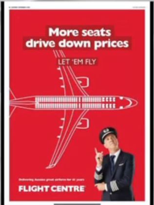 Flight Center拿出了整版广告。图片:澳大利亚天空新闻,飞行中心。