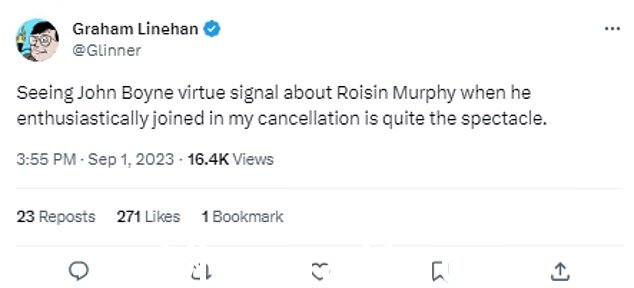 Linehan 对博因上周为墨菲辩护的尝试表示蔑视,并指出这位作家在 2019 年“热情地加入了”他的取消活动