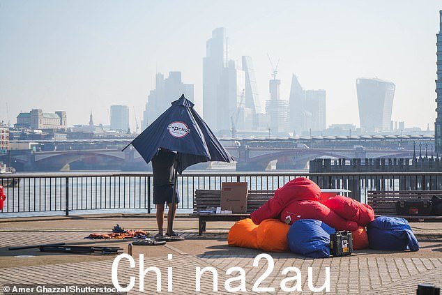 今天早上,一名男子在伦敦泰晤士河南岸调整遮阳伞