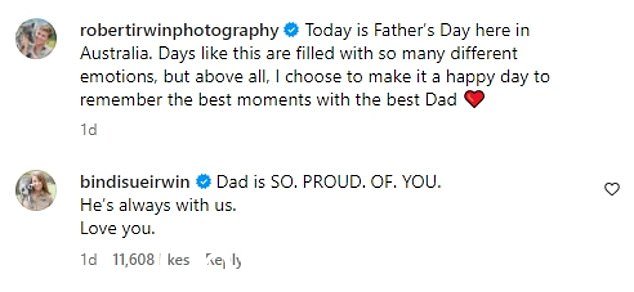 宾迪·欧文 (Bindi Irwin) 看到 Instagram 上的帖子后,分享了自己对罗伯特兄弟的敬意。 '爸爸就是这样。自豪的。的。你。他总是和我们在一起。爱你,”她写道