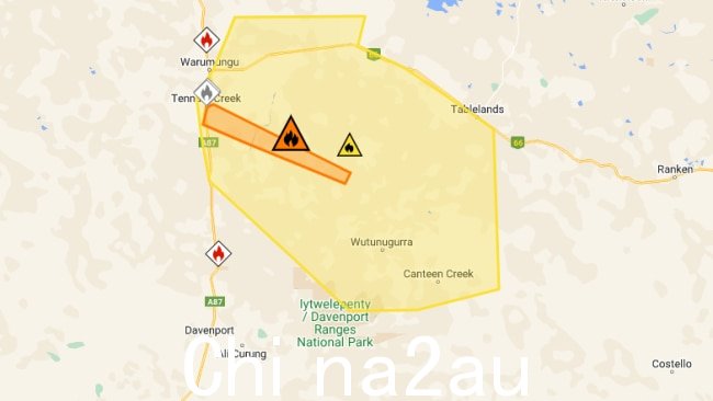 NT Fire 的事故地图显示了火灾的规模。图片：北领地火灾事故地图