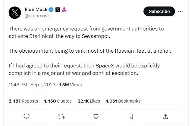 沃尔特·艾萨克森在书中声称特斯拉和星链首席执行官去年突然关闭了乌克兰对卫星互联网系统的访问