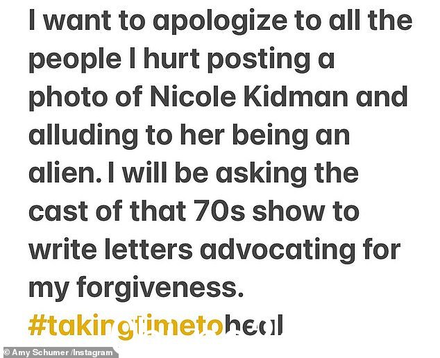 舒默后来在 Instagram 上取笑了她受到的强烈反对：“我想向所有因发布妮可·基德曼照片并暗示她是外星人而受到伤害的人道歉。” class=