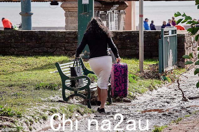 洪水过后,道利什的一名妇女提着手提箱走过泥泞