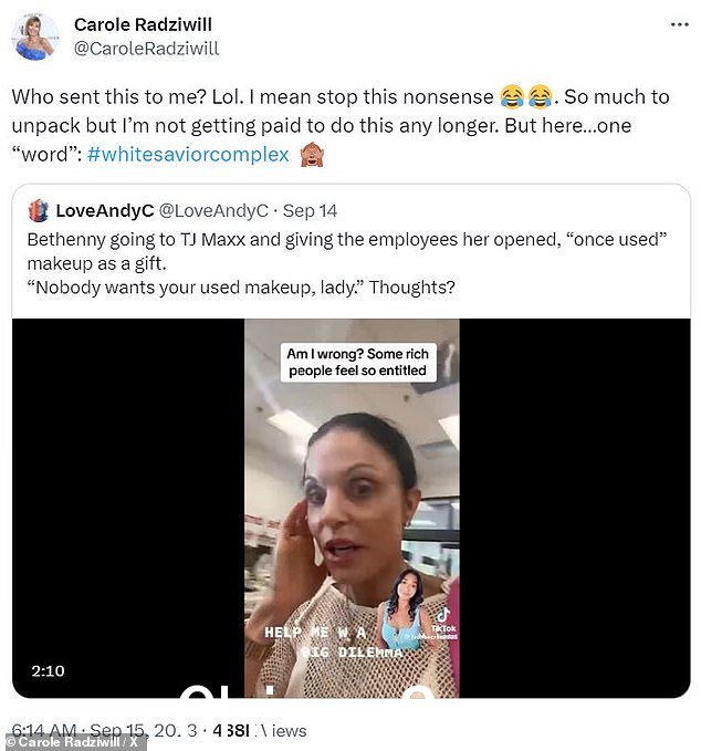 回应:《真正的家庭主妇》前演员卡罗尔·拉齐维尔 (Carole Radziwill) 在 X 上猛烈抨击了这位女商人,并写道:“谁把这个发给我的?”哈哈。我的意思是停止这种废话。需要解开的东西太多了,但我不再拿钱来做这件事了。但这里¿one ¿word¿: #whitesaviorcomplex'