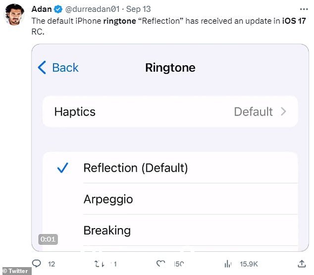 几位印象深刻的用户在 Twitter 上讨论了新铃声,其中一位开玩笑说:“哟,iOS 17 琶音铃声太难了”