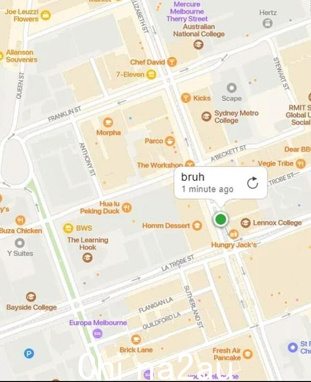 这位大学生利用 Apple 的“查找我的 iPhone”功能,将她的手机(她昵称为“Bruh”)追踪到了墨尔本的 CBD