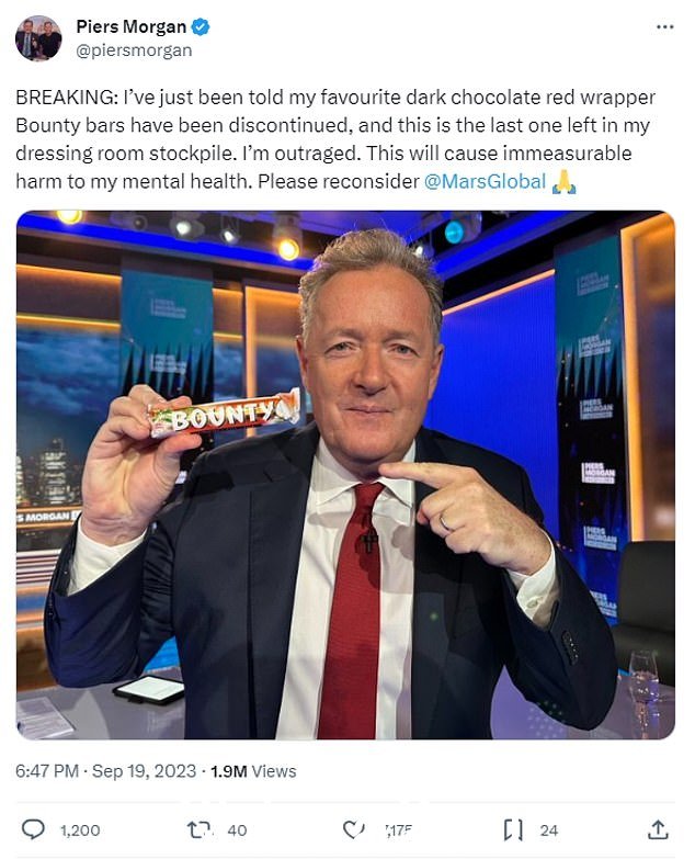 皮尔斯·摩根 (Piers Morgan) 很伤心,他最喜欢的巧克力棒不再上架了,尽管玛氏今天告诉《每日邮报》,它的缺席是由于“运营原因”,而且只是“暂时的”” class=