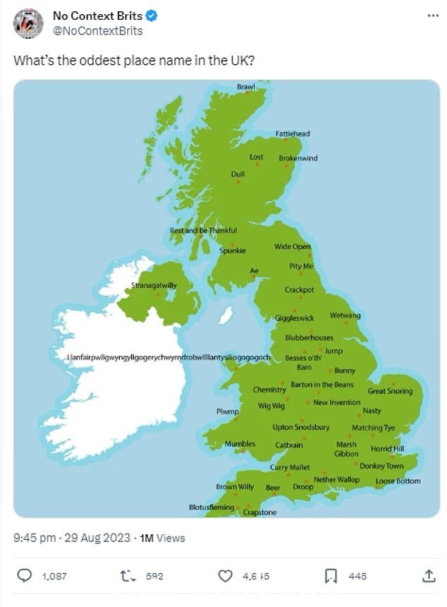 X(以前称为 Twitter)帐户 No Context Brits 分享了一张地图,突出显示英国提供的最奇怪的地名 - 其中大多数听起来不合适,但没有让人失望