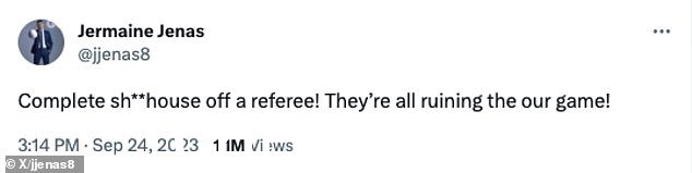 Jenas 事后在社交媒体上发布了此消息,称裁判“毁了我们的比赛”