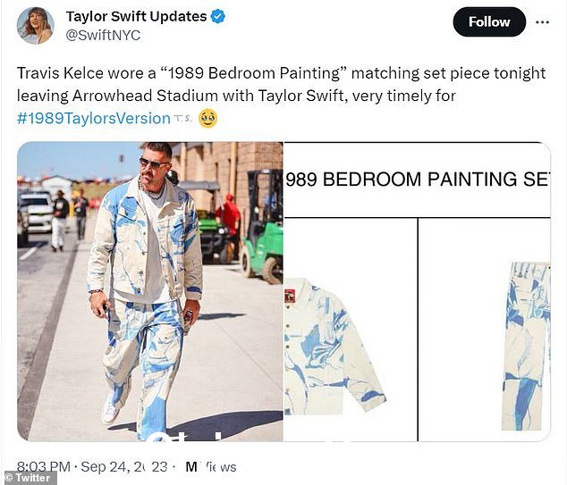 Bedroom:X 用户@SwiftNYC 提到,“Travis Kelce 穿着一件 1989 年卧室画作”今晚与 Taylor Swift 一起离开箭头体育场,对于 #1989TaylorsVersion 来说非常及时”