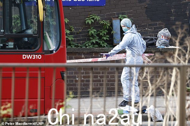 一名少女被刺死后,警方法证人员在伦敦南部克罗伊登市中心的一辆公共汽车附近收集证据
