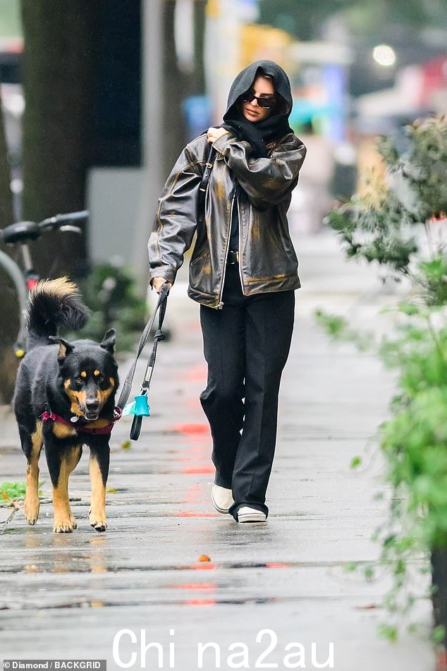 裹得严严实实!艾米丽·拉塔科斯基 (Emily Ratajkowski) 周二冒着纽约 60 华氏度的阴雨天气,带着她的狗狗伙伴科伦坡 (Colombo) 步行到曼哈顿市中心的公寓附近