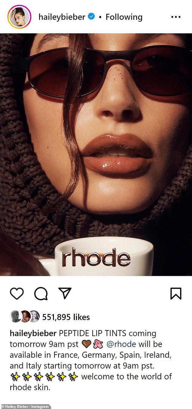 好消息:Hailey 透露,她的品牌 Rhode Skin 现已在法国、德国、西班牙、爱尔兰和意大利上市 - 通过送货