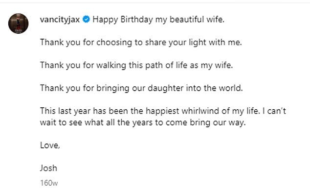 杰克逊在妻子 34 岁生日之际再次向她表达爱意,写道:“生日快乐,我美丽的妻子。感谢你选择与我分享你的光芒。感谢你走在这条人生道路上我的妻子。” class=
