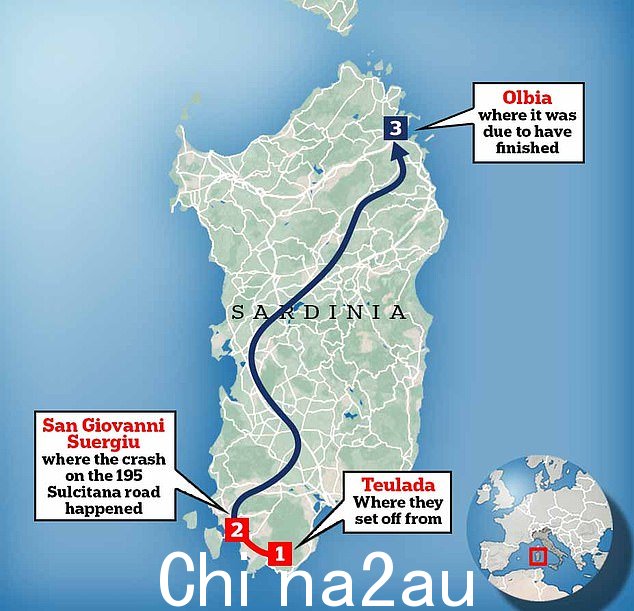 超级跑车行驶在南撒丁岛 San Giovanni Suergiu 公社的 195 Sulcitana 国道上