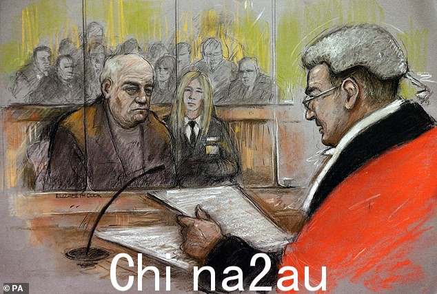 丹宁斯在斯洛伐克服完刑后返回英国,并于 2014 年被判对 24 名 9 至 16 岁男孩犯有 40 项罪行。图:丹宁斯被判刑的法庭草图