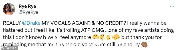 Rye Rye 写道: '真的@Drake 我的声音再次出现了吗? & 没有信用?我真的很想受宠若惊,但我觉得它在欺骗 ATP OMG'