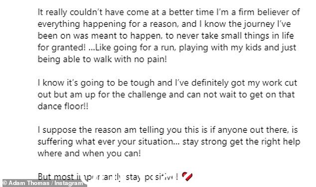 说出来:在标题中,Adam 感谢妻子和孩子的支持,并解释说他的诊断激励他严格执行