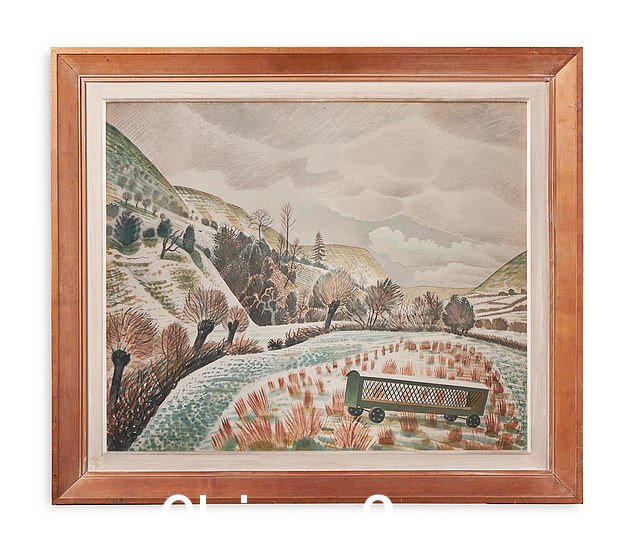 其中的亮点是埃里克·拉维利厄斯 (Eric Ravilious) 创作的一幅水彩铅笔风景画,题为《新年雪》,估计售价在 10 万至 15 万英镑之间,通过电话以 350 至 200 英镑的价格卖给了一位私人买家(如图)