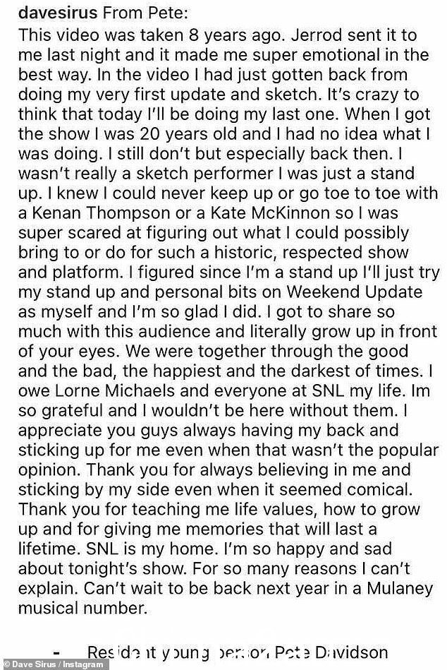 Farewell: His close pal Dave Sirus shared a throwback video that showed Pete embracing fellow comedian Jerrod Carmichael, along with a message confirming his departure