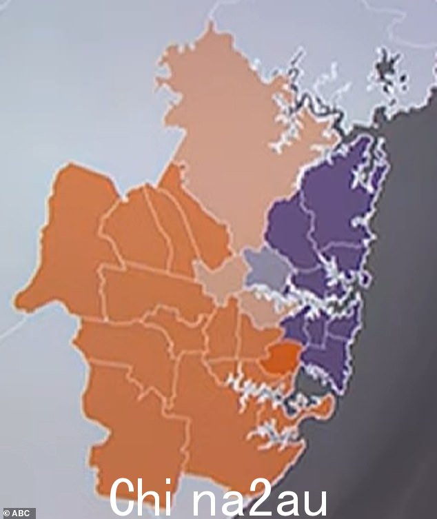 悉尼东郊的富裕选民以及该市北部海滩的选民强烈支持拟议的宪法修改。图:投票赞成的悉尼地区的 ABC 地图紫色,而 No 为橙色
