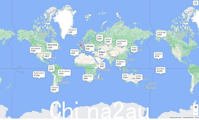 按“浏览”后,影响者的笔记本电脑屏幕上会出现一张交互式世界地图,无论您滚动到何处,目的地和价格都会精确显示” class=