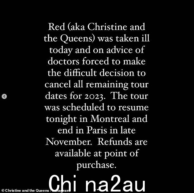 他的第四张专辑《Paranoïa, Angels, True Love》的巡演原定于 11 月 27 日在巴黎结束，但周日晚上，艺术家的 Instagram 上发布了一份声明，上面写着：“CHRISTINE AND THE QUEENS - 2023 年剩余巡演日期已取消” 