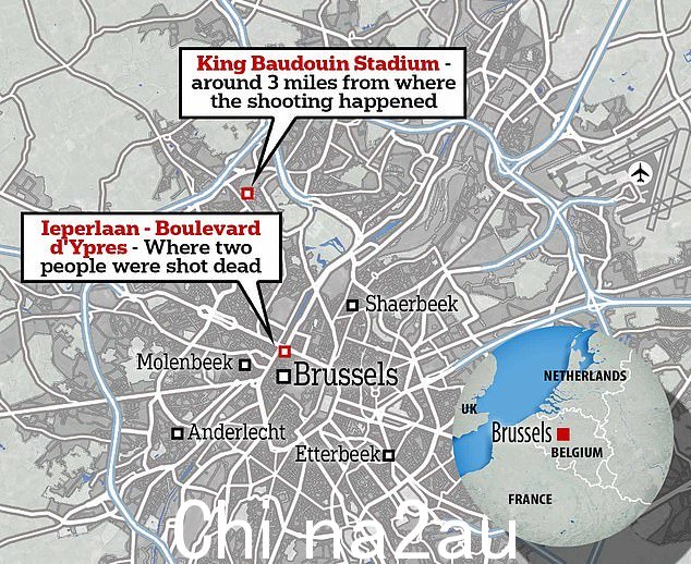 地图显示了布鲁塞尔市中心的杀戮地点以及该市西北郊区的博杜安国王体育场 - 35,000 名支持者出席了
